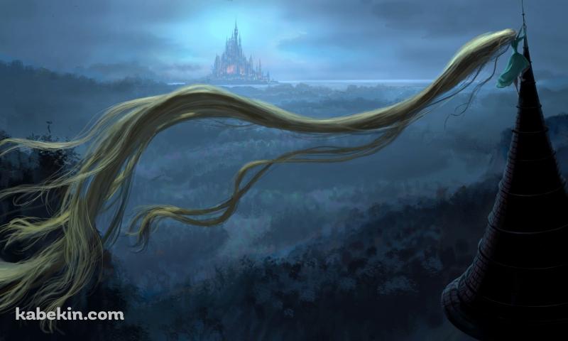 遠くの城を眺める塔の上のラプンツェルの壁紙(800px x 480px) 高画質 PC・デスクトップ用