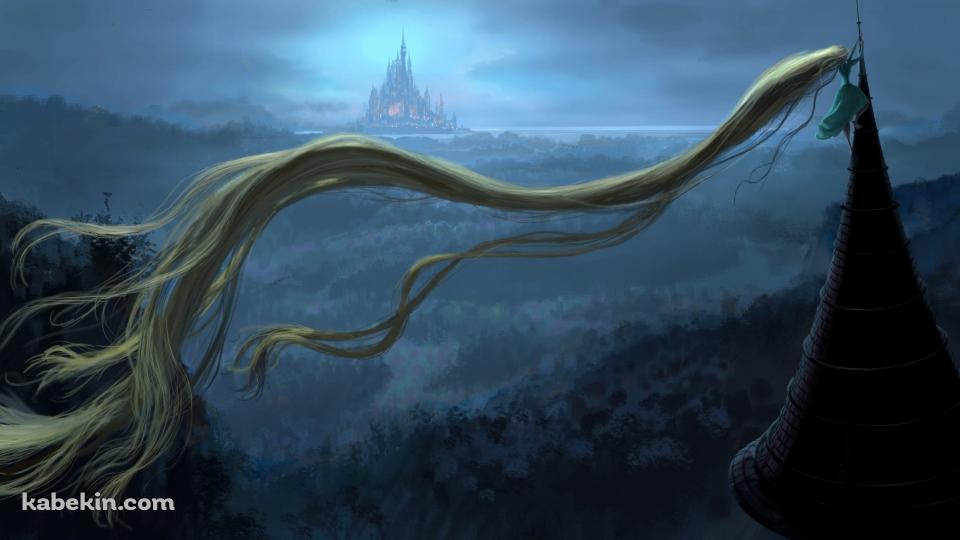 遠くの城を眺める塔の上のラプンツェルの壁紙(960px x 540px) 高画質 PC・デスクトップ用