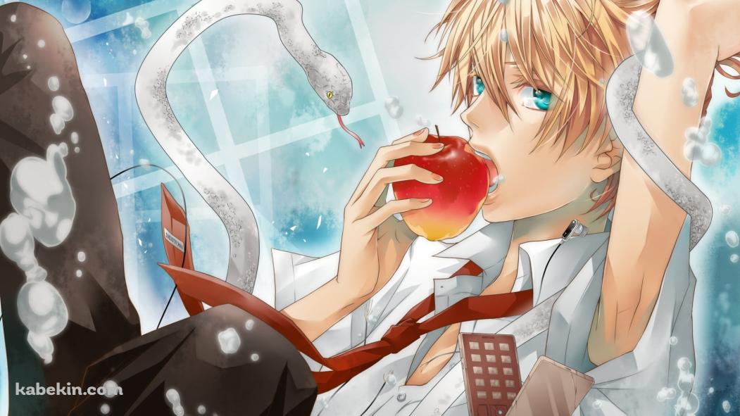 赤いリンゴを食べる白い蛇が纏わりついた鏡音レン / ボーカロイドの壁紙(1051px x 591px) 高画質 PC・デスクトップ用