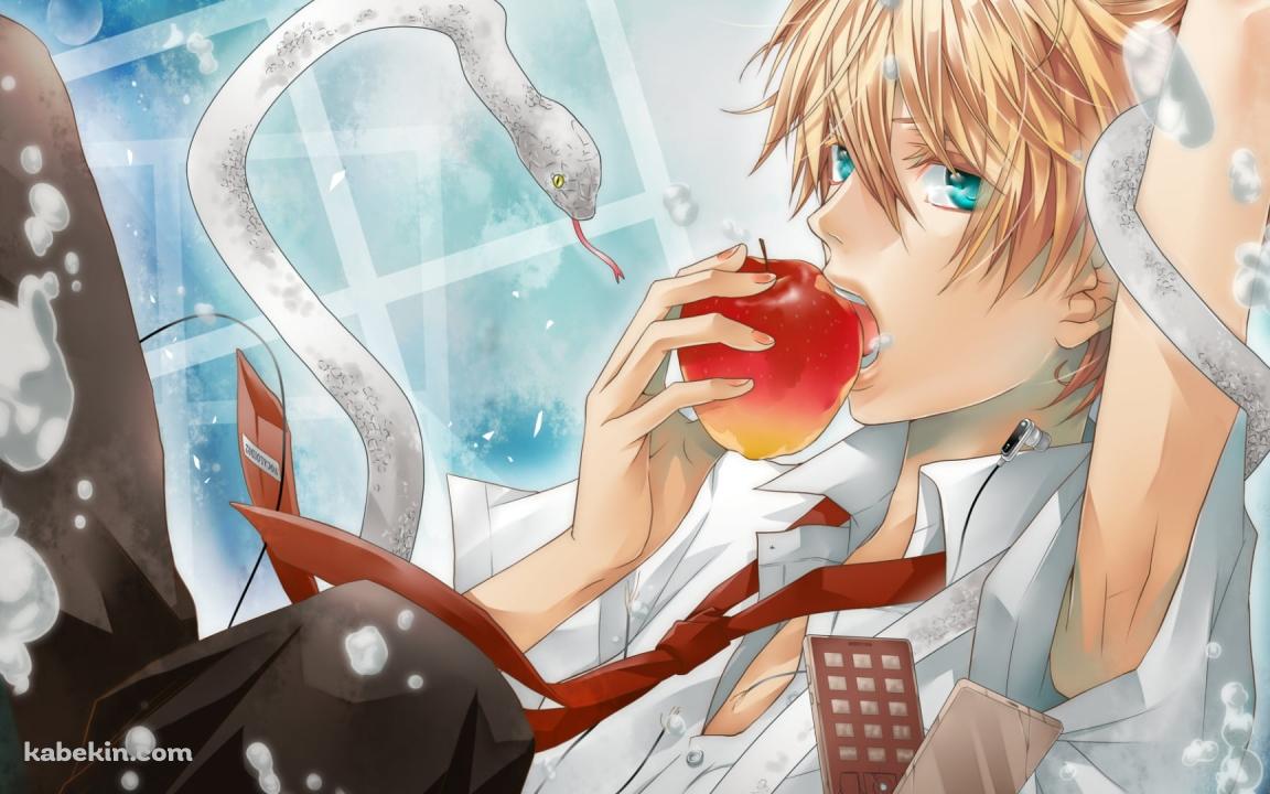 赤いリンゴを食べる白い蛇が纏わりついた鏡音レン / ボーカロイドの壁紙(1152px x 720px) 高画質 PC・デスクトップ用