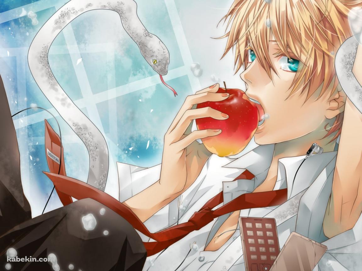赤いリンゴを食べる白い蛇が纏わりついた鏡音レン / ボーカロイドの壁紙(1152px x 864px) 高画質 PC・デスクトップ用