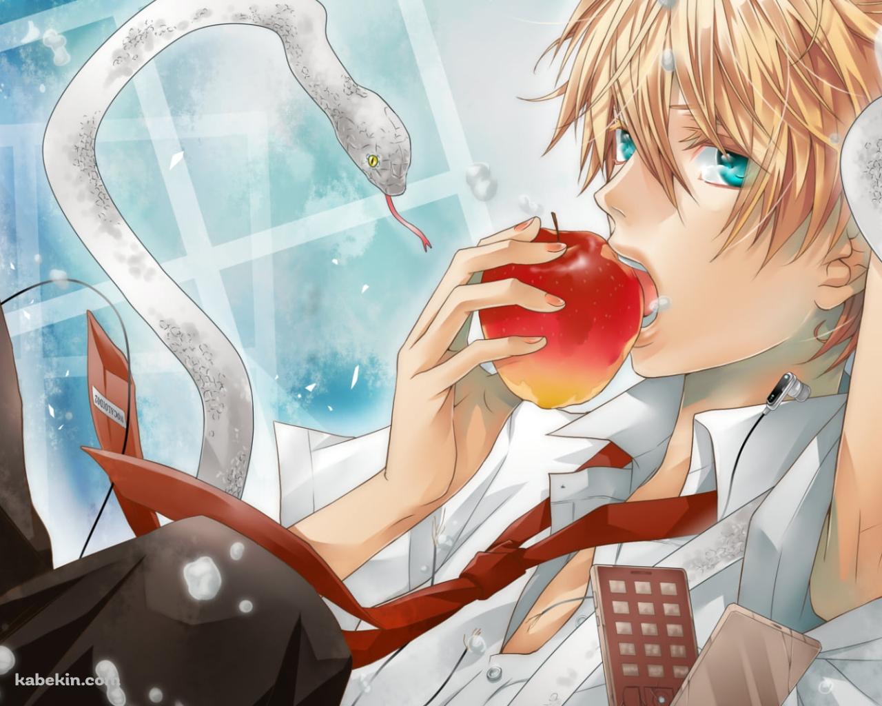 赤いリンゴを食べる白い蛇が纏わりついた鏡音レン / ボーカロイドの壁紙(1280px x 1024px) 高画質 PC・デスクトップ用