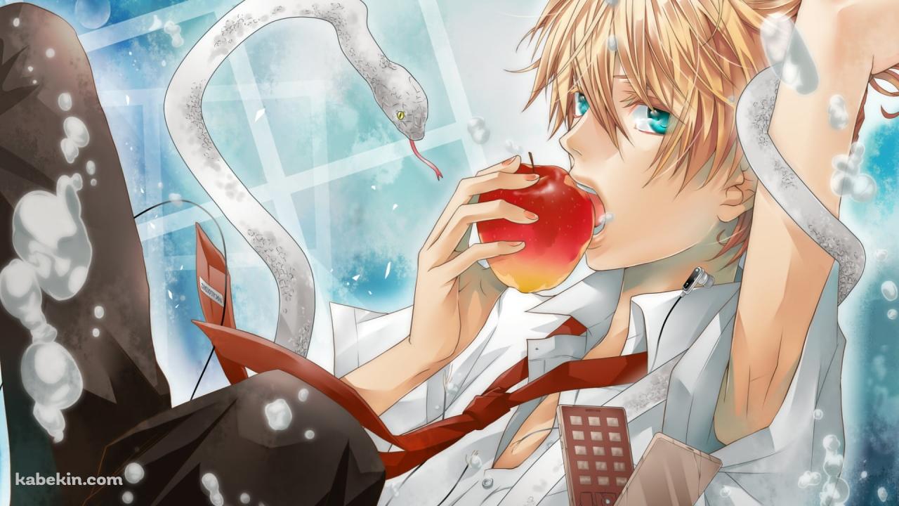 赤いリンゴを食べる白い蛇が纏わりついた鏡音レン / ボーカロイドの壁紙(1280px x 720px) 高画質 PC・デスクトップ用