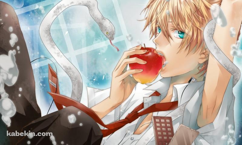 赤いリンゴを食べる白い蛇が纏わりついた鏡音レン / ボーカロイドの壁紙(800px x 480px) 高画質 PC・デスクトップ用