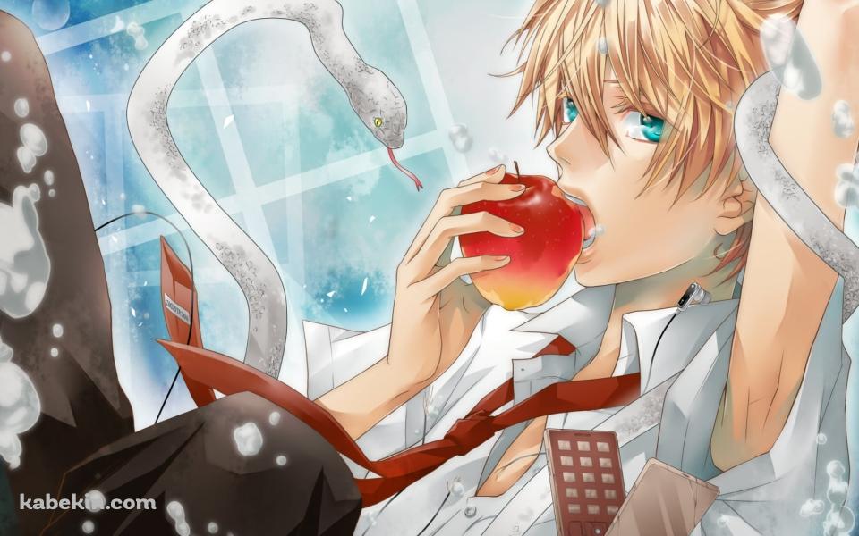 赤いリンゴを食べる白い蛇が纏わりついた鏡音レン / ボーカロイドの壁紙(960px x 600px) 高画質 PC・デスクトップ用