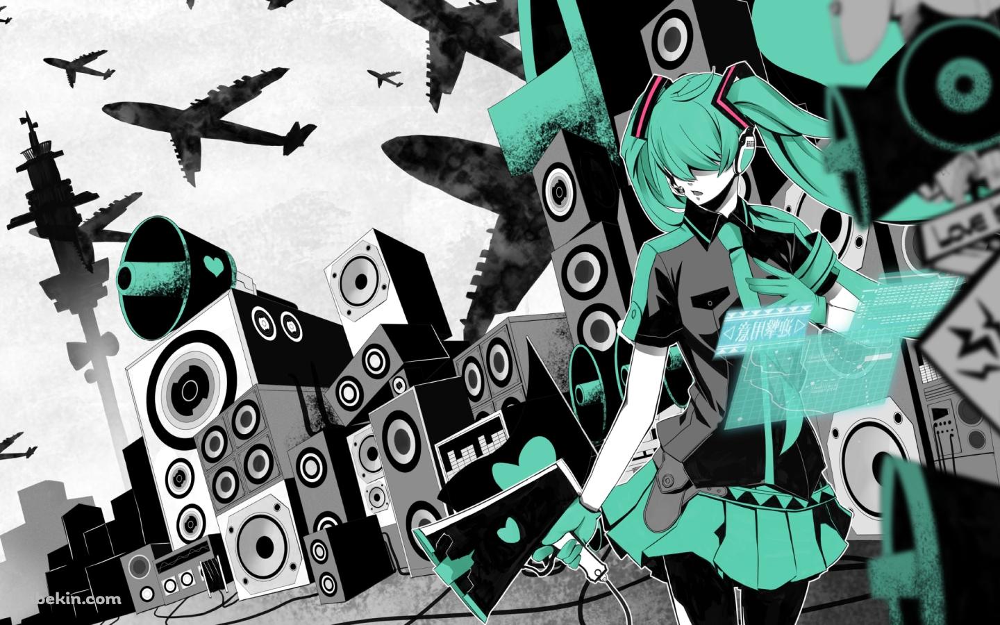 沢山のスピーカーと飛行機と初音ミク / かっこいい / ボカロの壁紙(1440px x 900px) 高画質 PC・デスクトップ用
