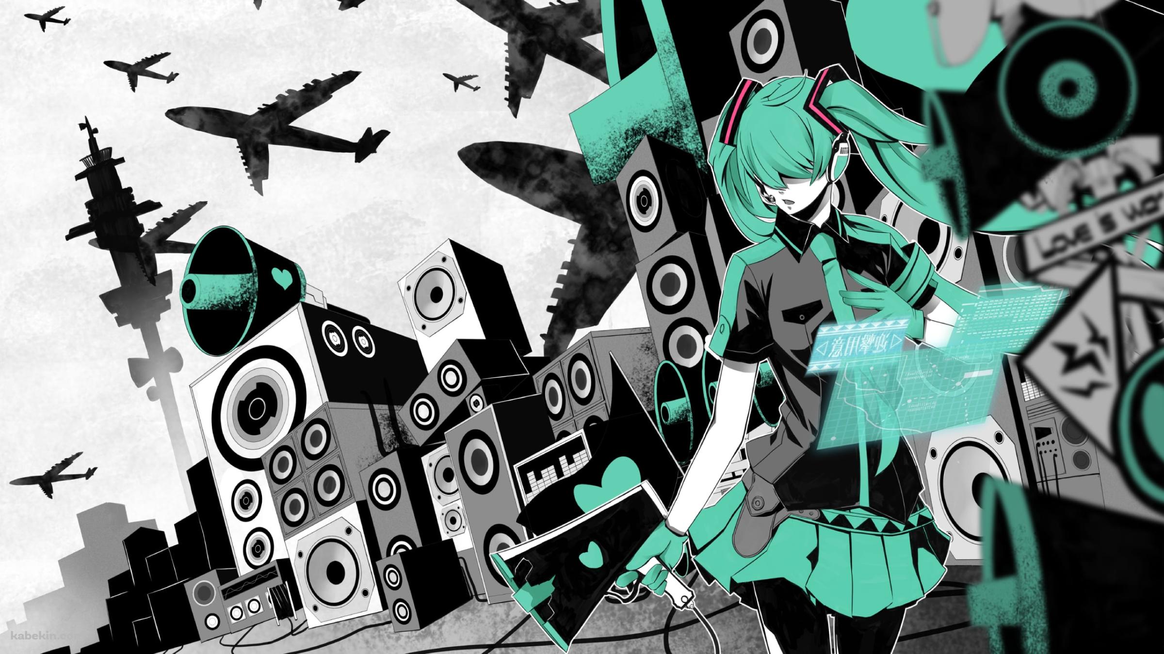 沢山のスピーカーと飛行機と初音ミク / かっこいい / ボカロの壁紙(2400px x 1350px) 高画質 PC・デスクトップ用