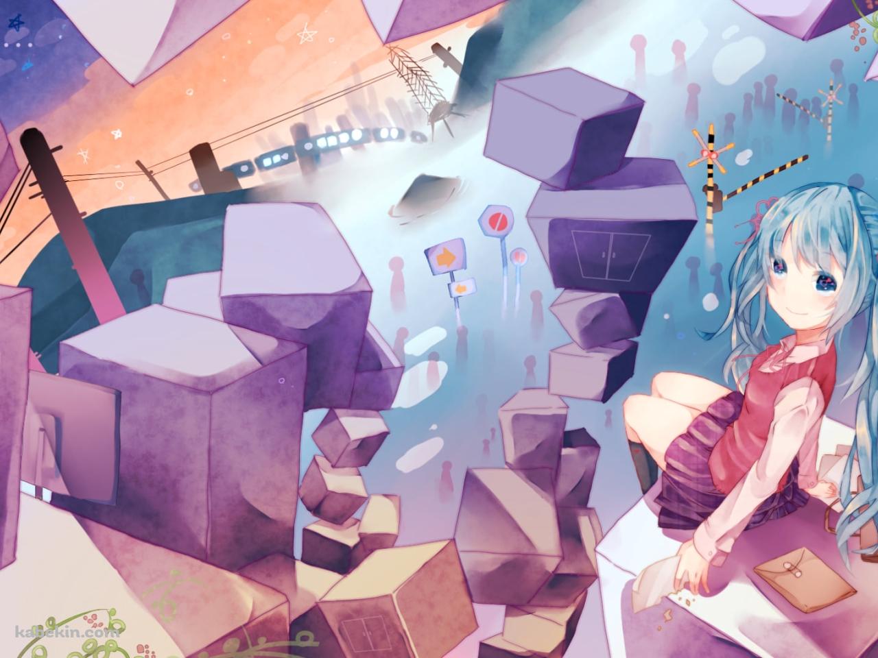 キューブ上の浮遊物に座る可愛い初音ミク / ボカロの壁紙(1280px x 960px) 高画質 PC・デスクトップ用