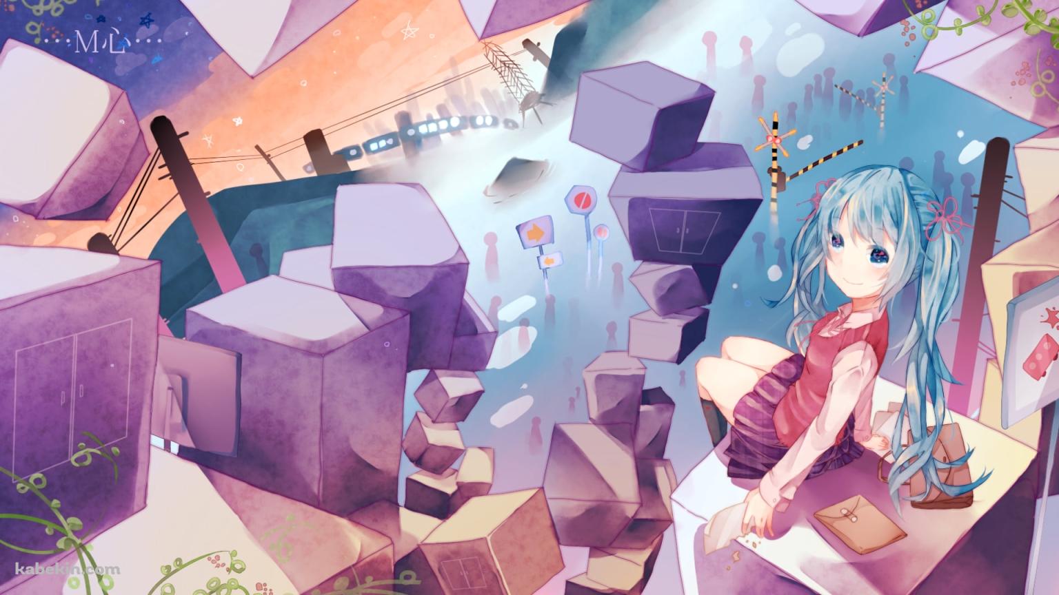 キューブ上の浮遊物に座る可愛い初音ミク / ボカロの壁紙(1536px x 864px) 高画質 PC・デスクトップ用