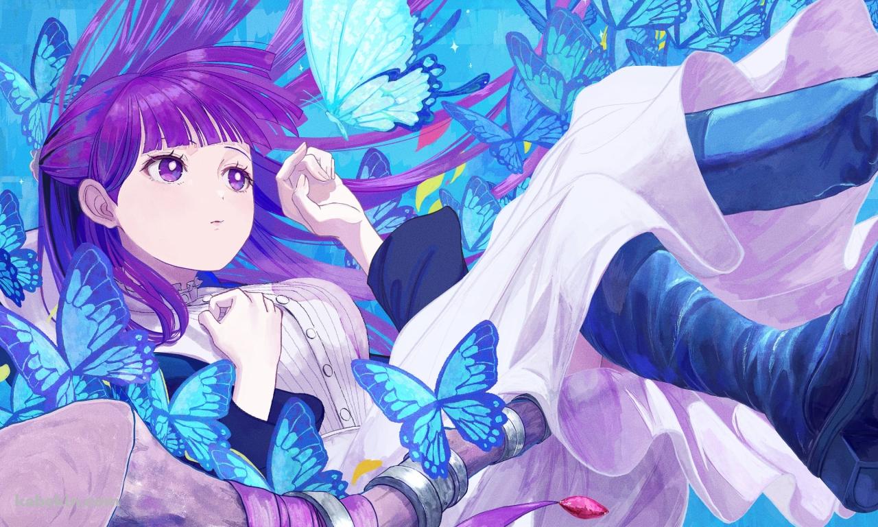 沢山の青い蝶とフェルン / 葬送のフリーレンの壁紙(1280px x 768px) 高画質 PC・デスクトップ用