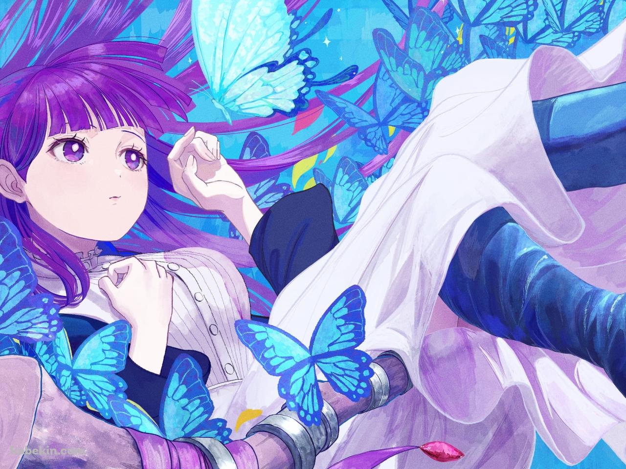 沢山の青い蝶とフェルン / 葬送のフリーレンの壁紙(1280px x 960px) 高画質 PC・デスクトップ用