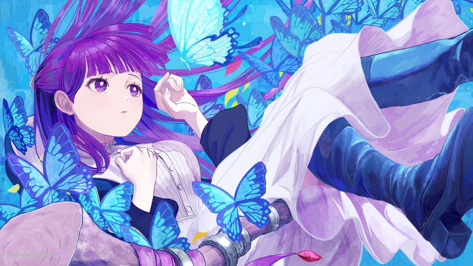 沢山の青い蝶とフェルン / 葬送のフリーレンの壁紙(1536px x 864px) 高画質 PC・デスクトップ用