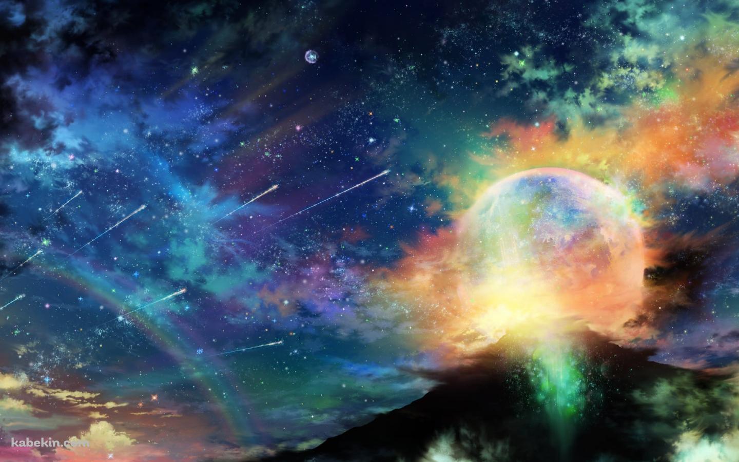 カラフルな星空 / 無数の流れ星 / 虹 / 霧 / 惑星の壁紙(1440px x 900px) 高画質 PC・デスクトップ用