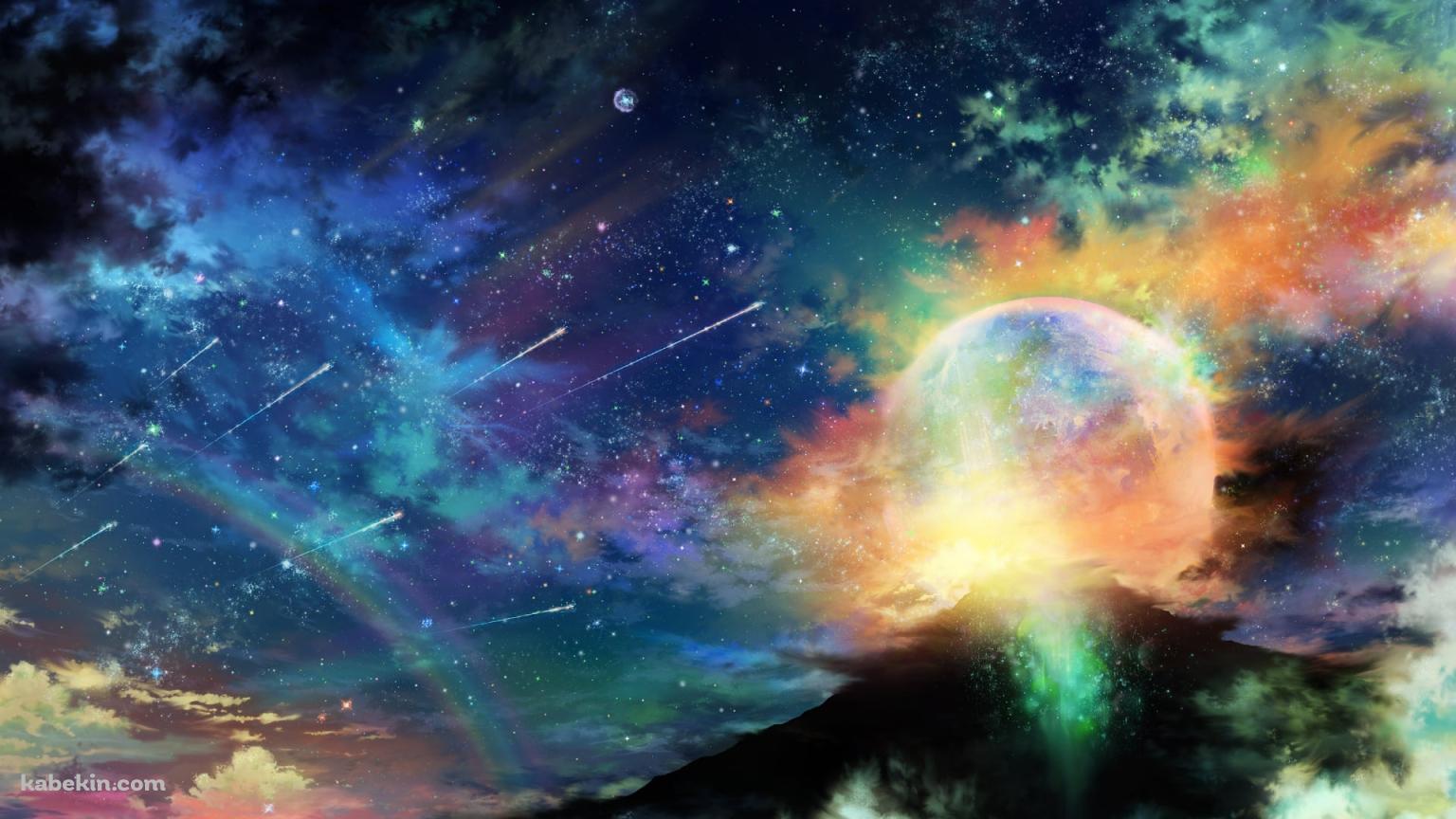 カラフルな星空 / 無数の流れ星 / 虹 / 霧 / 惑星の壁紙(1536px x 864px) 高画質 PC・デスクトップ用