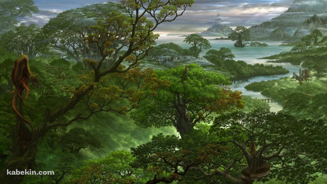 ジャングル地帯とそれを見つめるモジャモジャの鳥の壁紙(1051px x 591px) 高画質 PC・デスクトップ用