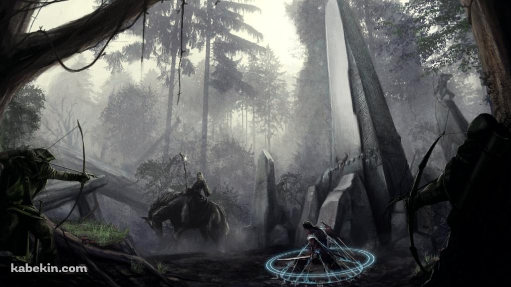 暗い森での戦闘 / 捕らわれた戦士 / 弓をかまえるアーチャー / 馬に乗った魔導士 / RPGの壁紙(1024px x 576px) 高画質 PC・デスクトップ用