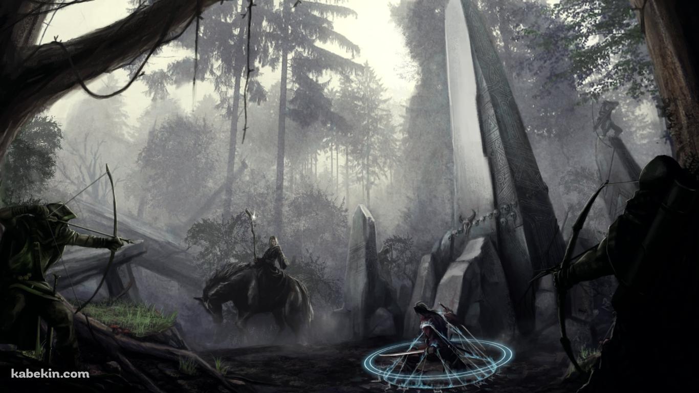 暗い森での戦闘 / 捕らわれた戦士 / 弓をかまえるアーチャー / 馬に乗った魔導士 / RPGの壁紙(1366px x 768px) 高画質 PC・デスクトップ用