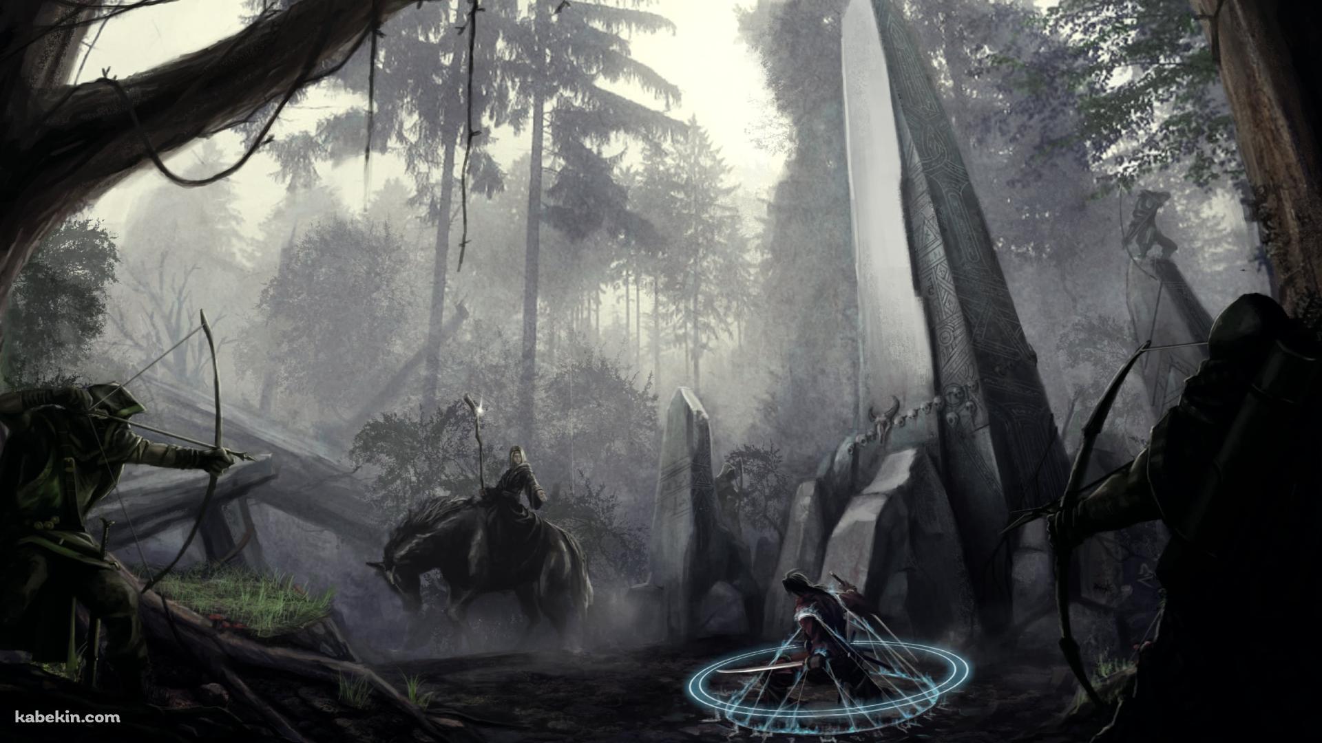 暗い森での戦闘 / 捕らわれた戦士 / 弓をかまえるアーチャー / 馬に乗った魔導士 / RPGの壁紙(1920px x 1080px) 高画質 PC・デスクトップ用