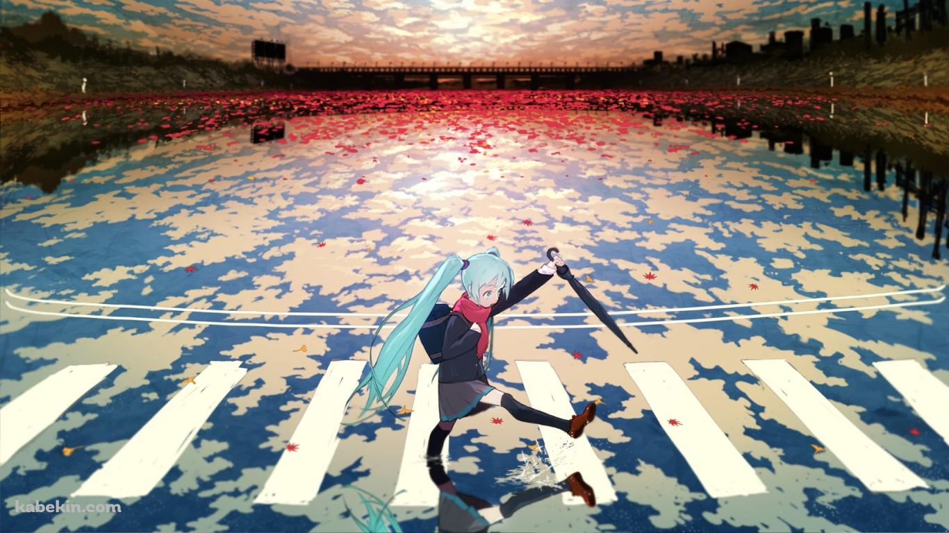 鏡面して空が映る横断歩道を傘を持って歩く初音ミク / ボーカロイドの壁紙(1366px x 768px) 高画質 PC・デスクトップ用