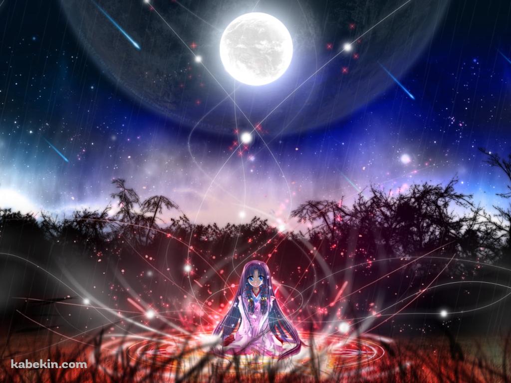 綺麗な満月と赤く光る土地に座る神尾観鈴 / AIRの壁紙(1024px x 768px) 高画質 PC・デスクトップ用