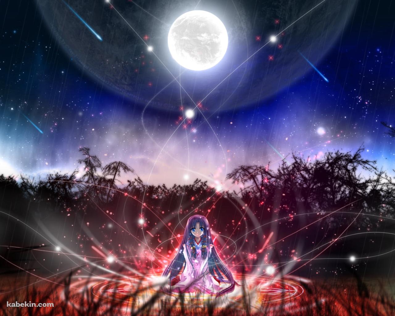 綺麗な満月と赤く光る土地に座る神尾観鈴 / AIRの壁紙(1280px x 1024px) 高画質 PC・デスクトップ用