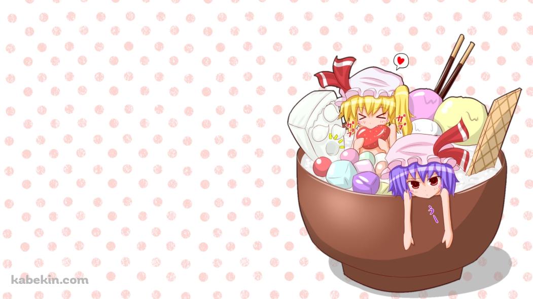 スイーツが入ったお椀に入ったフランドール・スカーレット / レミリア・スカーレット / 東方の壁紙(1051px x 591px) 高画質 PC・デスクトップ用