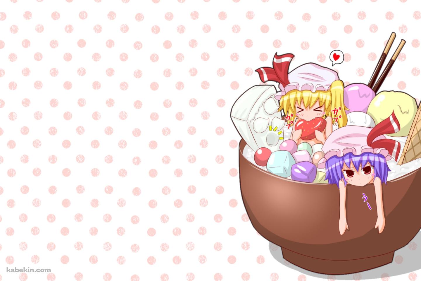 スイーツが入ったお椀に入ったフランドール・スカーレット / レミリア・スカーレット / 東方の壁紙(1440px x 960px) 高画質 PC・デスクトップ用
