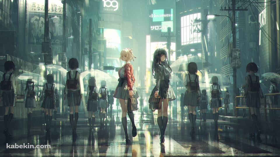 雨が降る街中で振り返る錦木千束と井ノ上たきな / 透明の傘をさす女子高生 / 綺麗 / リコリス・リコイルの壁紙(960px x 540px) 高画質 PC・デスクトップ用