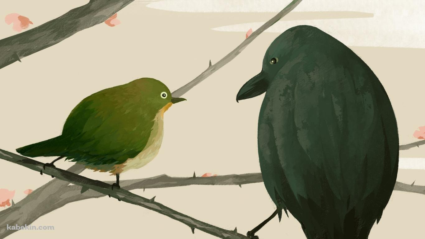 梅の木にとまるカラスとうぐいすの壁紙(1366px x 768px) 高画質 PC・デスクトップ用