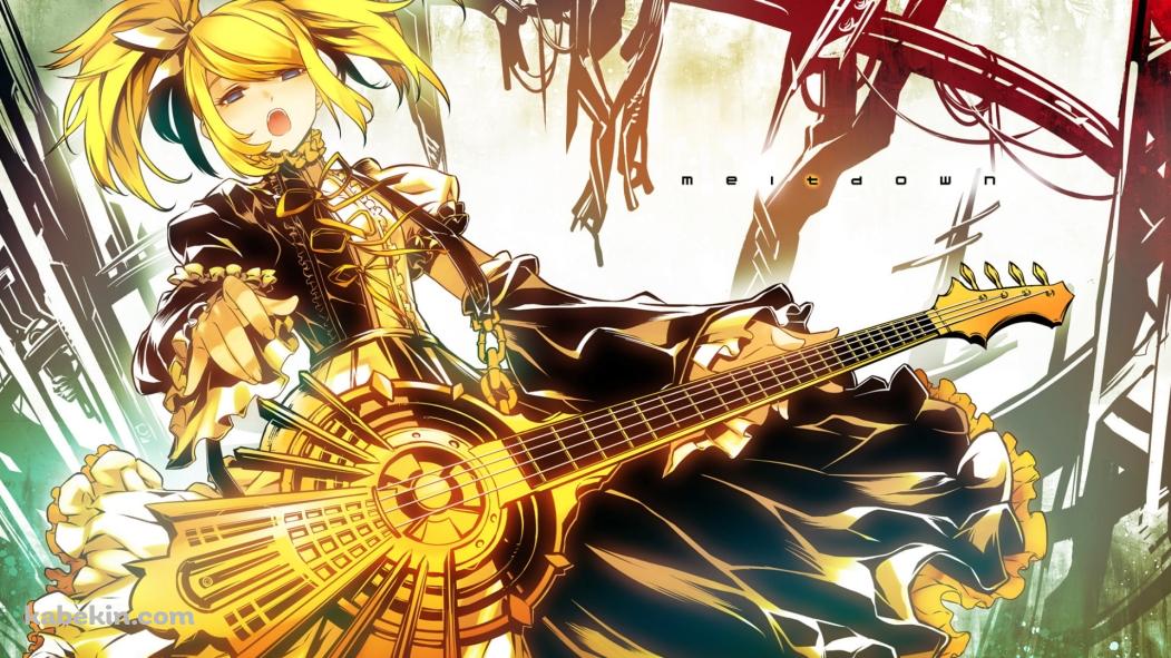 金色のギターを弾く鏡音リン / 炉心融解 / ボーカロイドの壁紙(1051px x 591px) 高画質 PC・デスクトップ用