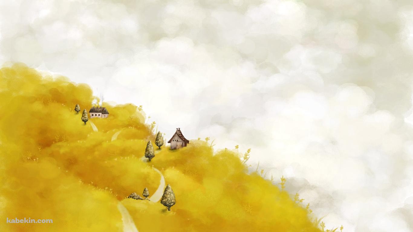 黄色い丘の上に立つ家の壁紙(1366px x 768px) 高画質 PC・デスクトップ用