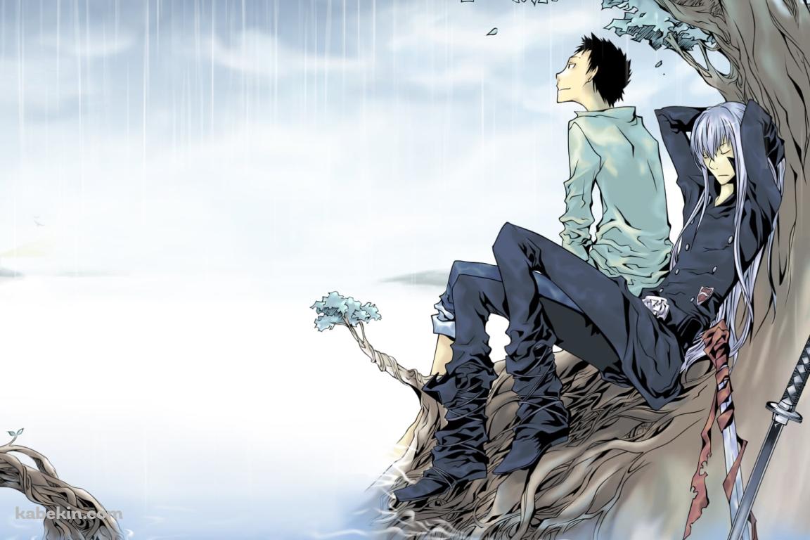 豪雨の中、木の下で雨宿りする山本武とスペルビ・スクアーロ / 家庭教師ヒットマンREBORN!の壁紙(1152px x 768px) 高画質 PC・デスクトップ用
