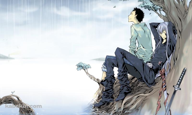 豪雨の中、木の下で雨宿りする山本武とスペルビ・スクアーロ / 家庭教師ヒットマンREBORN!の壁紙(800px x 480px) 高画質 PC・デスクトップ用