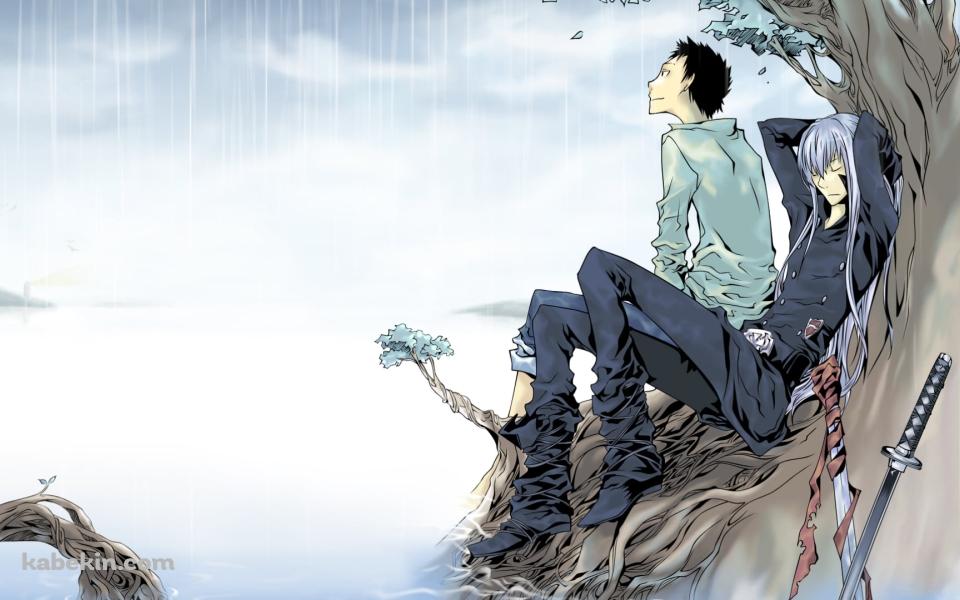豪雨の中、木の下で雨宿りする山本武とスペルビ・スクアーロ / 家庭教師ヒットマンREBORN!の壁紙(960px x 600px) 高画質 PC・デスクトップ用