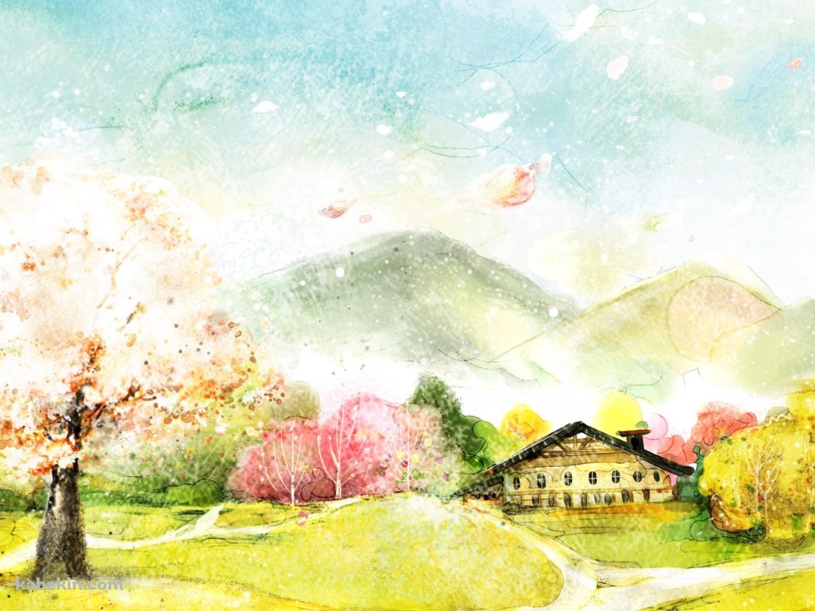 桜が咲く田舎の綺麗な風景 / 水彩画の壁紙(1152px x 864px) 高画質 PC・デスクトップ用