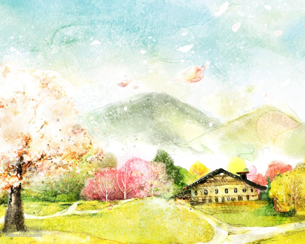 桜が咲く田舎の綺麗な風景 / 水彩画の壁紙(1280px x 1024px) 高画質 PC・デスクトップ用