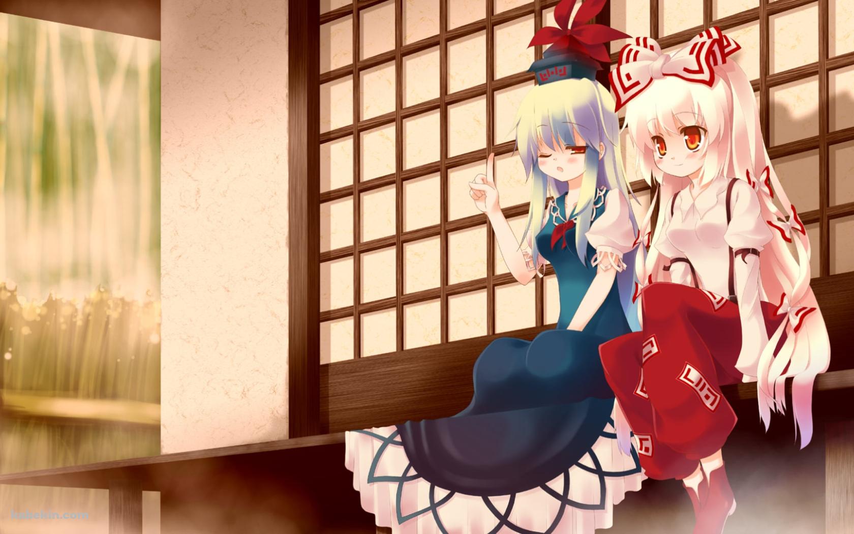 縁側で並んで座る藤原妹紅と上白沢慧音 / 東方の壁紙(1680px x 1050px) 高画質 PC・デスクトップ用