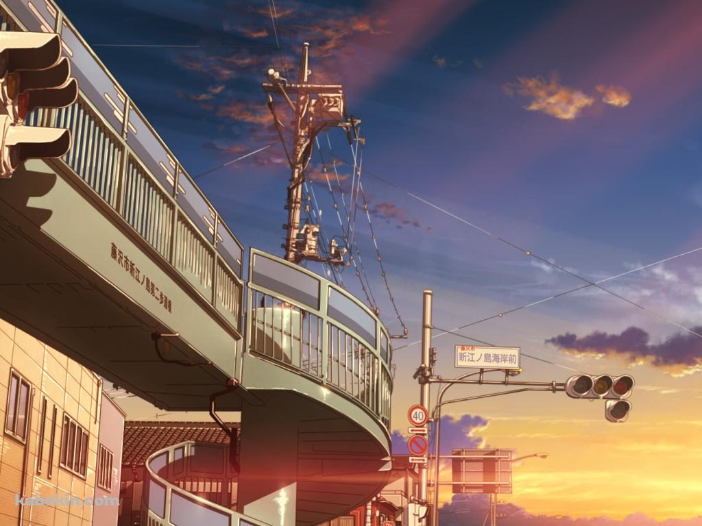 夕暮れ時の江ノ島海岸前の歩道橋と信号の壁紙(1024px x 768px) 高画質 PC・デスクトップ用