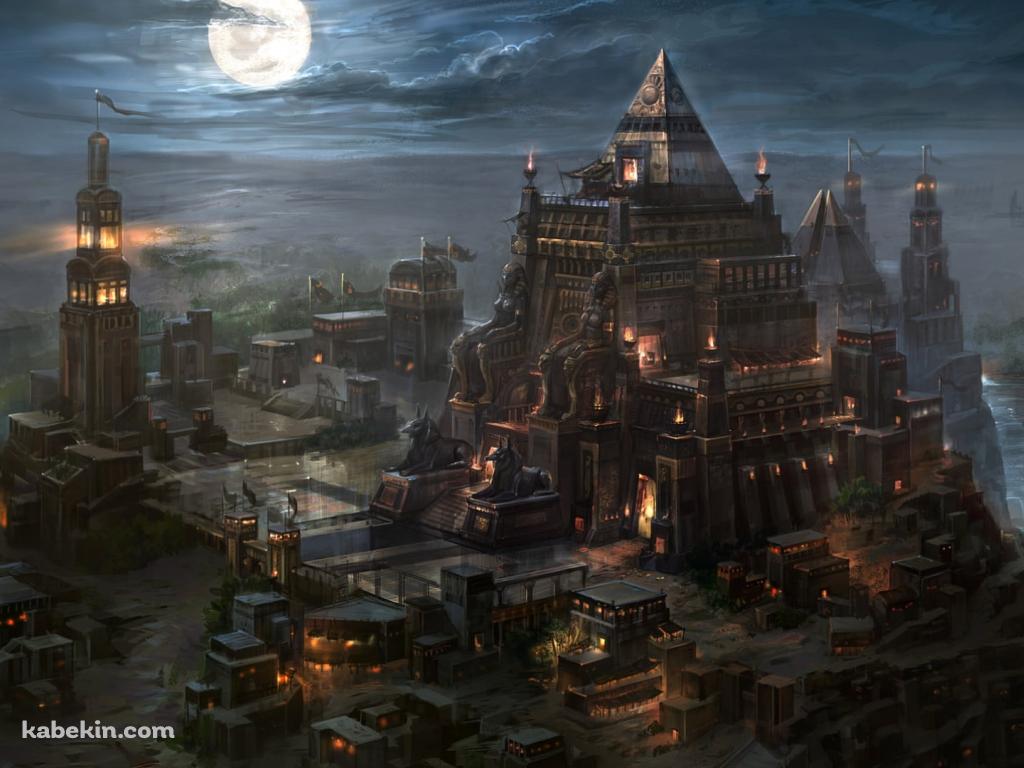 満月と巨大な建築物の壁紙(1024px x 768px) 高画質 PC・デスクトップ用