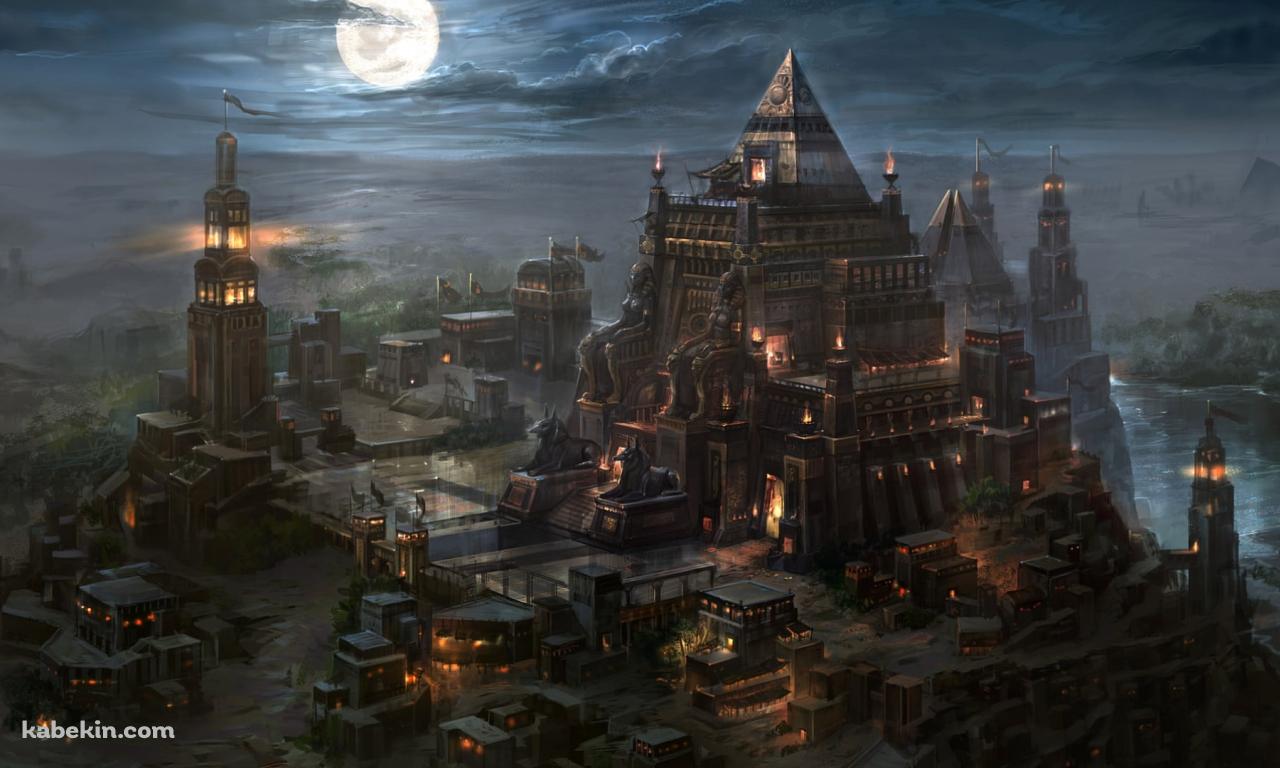 満月と巨大な建築物の壁紙(1280px x 768px) 高画質 PC・デスクトップ用