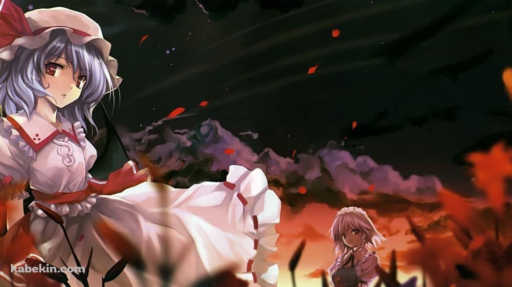 赤い草木とレミリア・スカーレットと十六夜咲夜 / 東方の壁紙(1051px x 591px) 高画質 PC・デスクトップ用