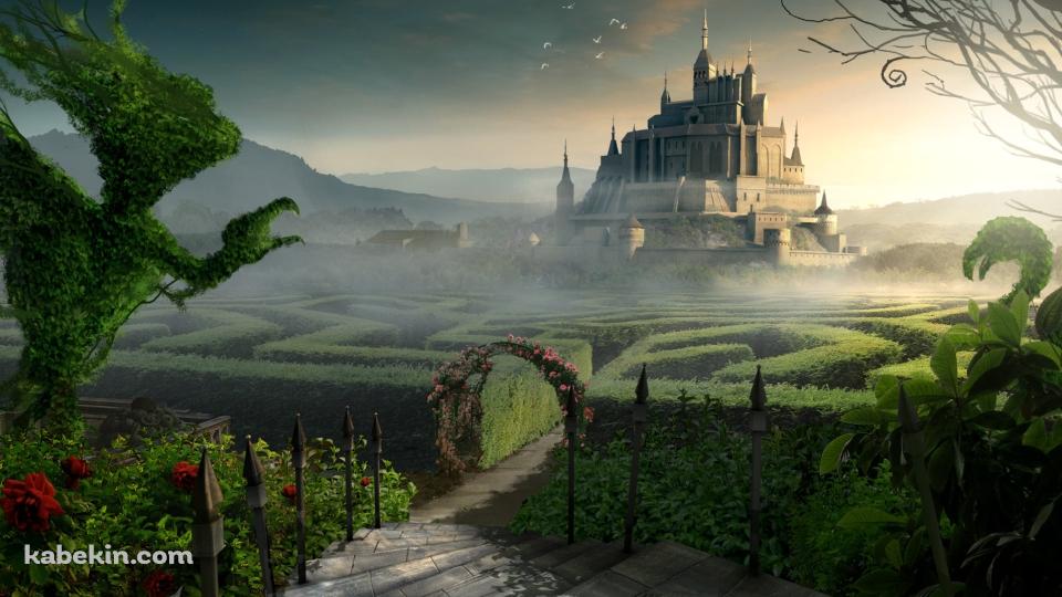 緑の垣根の迷路と城の壁紙(960px x 540px) 高画質 PC・デスクトップ用