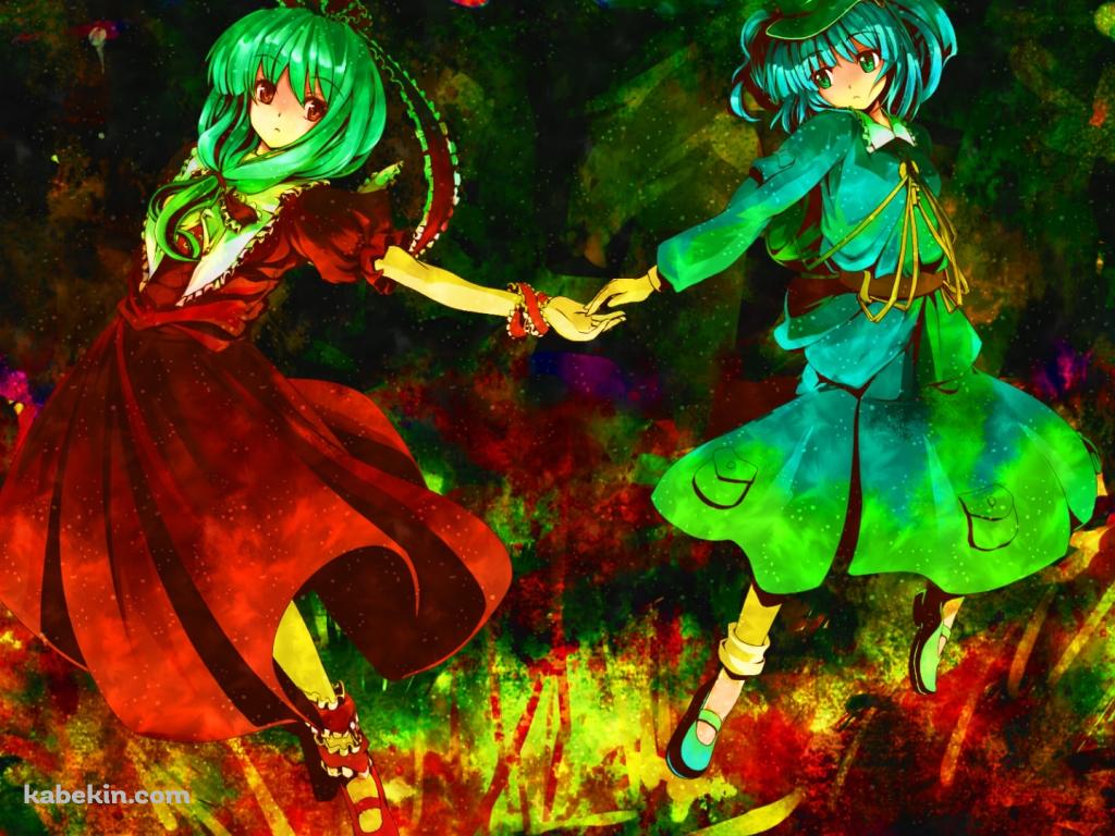 手をつなぐ鍵山雛と河城にとり / 東方の壁紙(1024px x 768px) 高画質 PC・デスクトップ用