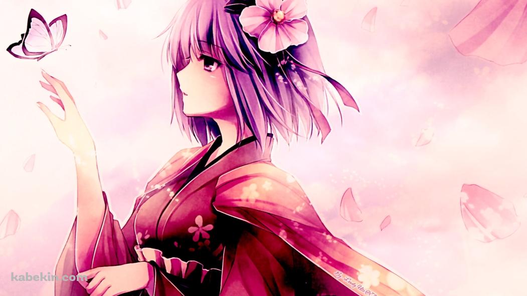 ピンクの着物を着て蝶を見つめる稗田阿求 / 東方の壁紙(1051px x 591px) 高画質 PC・デスクトップ用