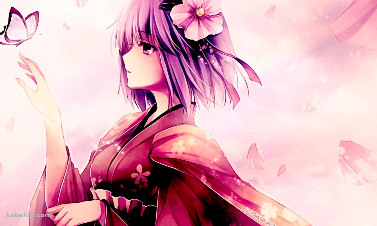 ピンクの着物を着て蝶を見つめる稗田阿求 / 東方の壁紙(1280px x 768px) 高画質 PC・デスクトップ用