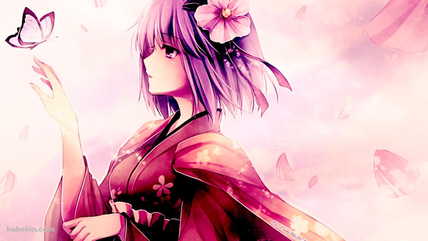 ピンクの着物を着て蝶を見つめる稗田阿求 / 東方の壁紙(1366px x 768px) 高画質 PC・デスクトップ用