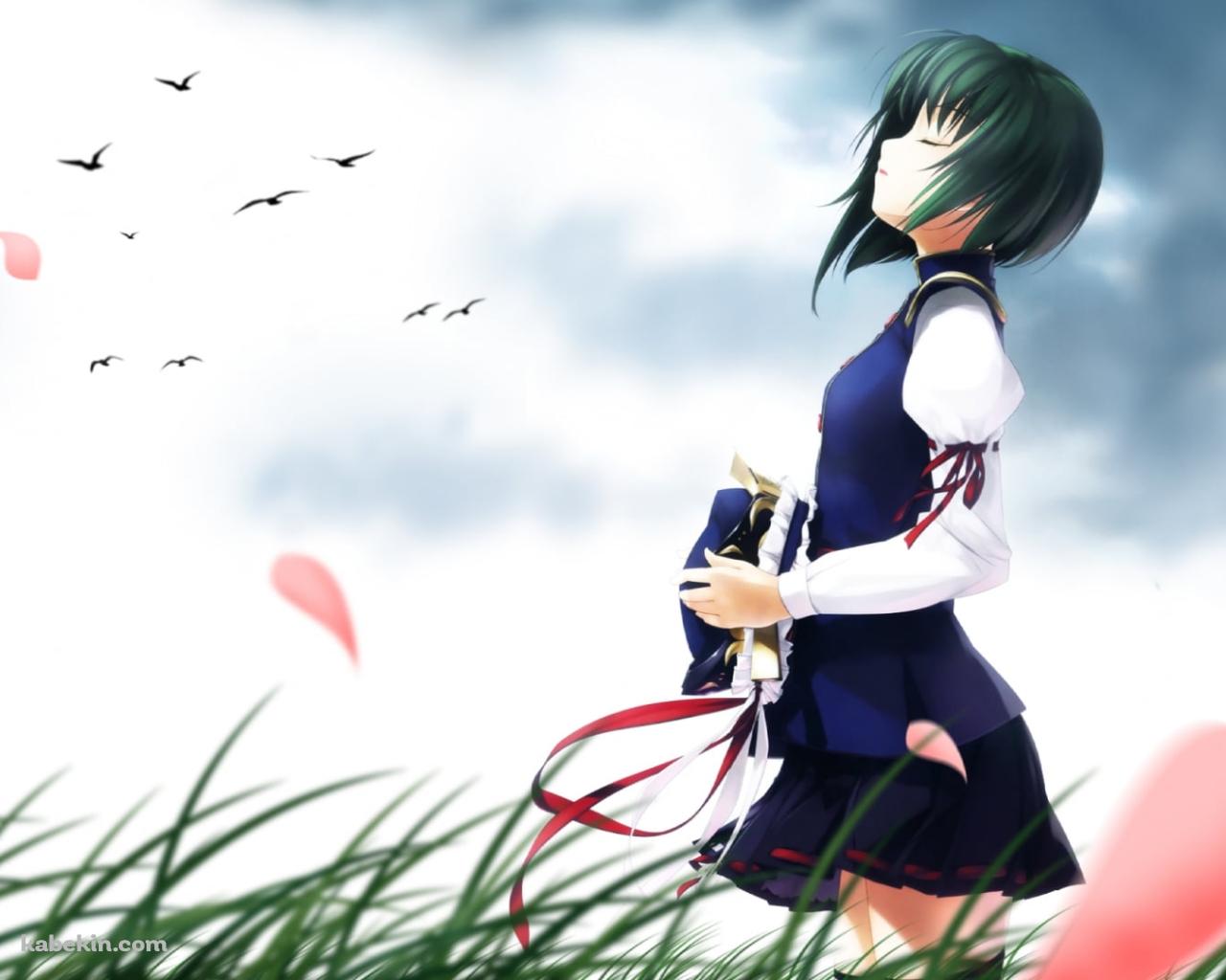 草原で帽子を取り目をつぶる四季映姫・ヤマザナドゥ / 東方の壁紙(1280px x 1024px) 高画質 PC・デスクトップ用