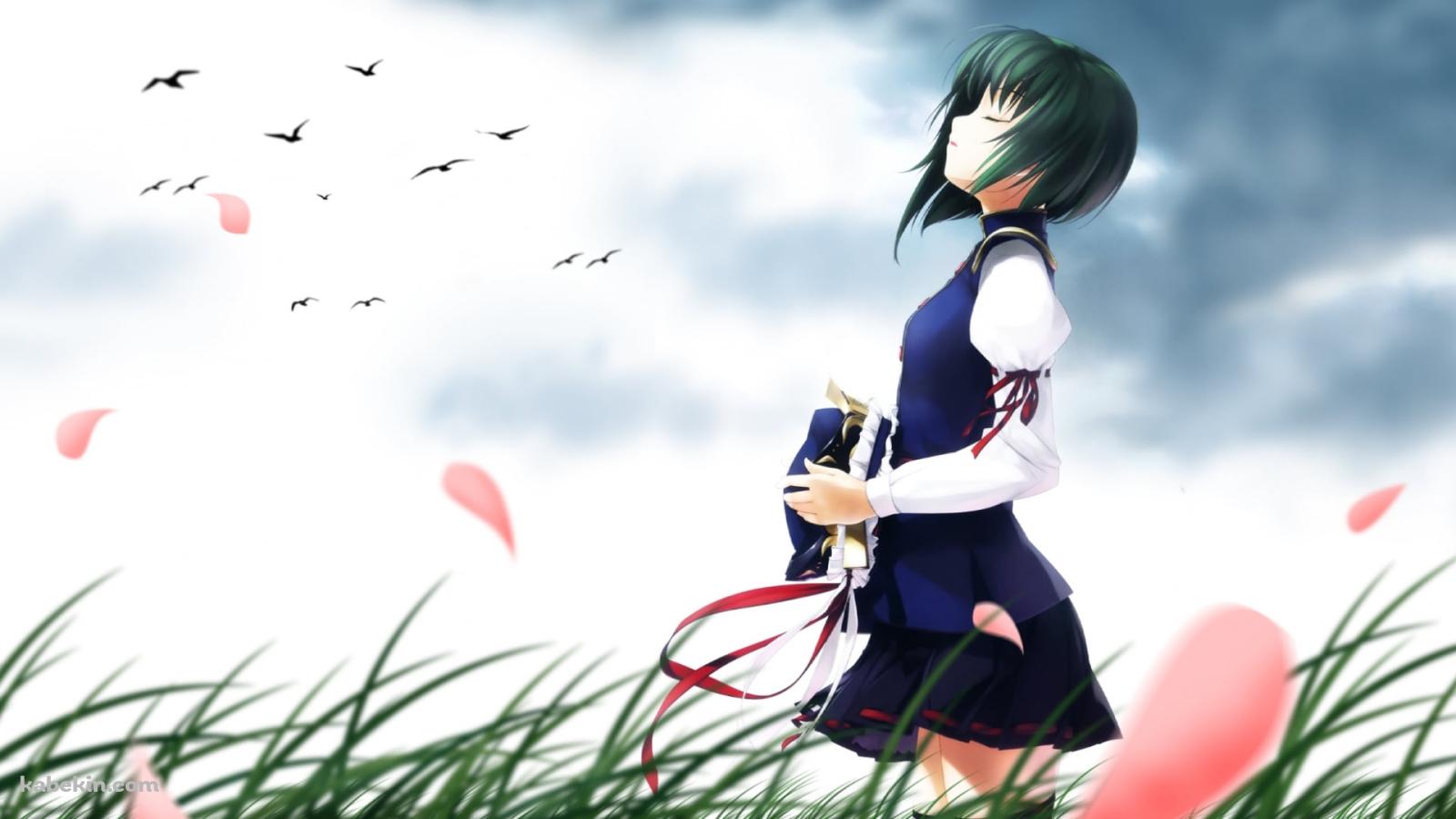 草原で帽子を取り目をつぶる四季映姫・ヤマザナドゥ / 東方の壁紙(1600px x 900px) 高画質 PC・デスクトップ用