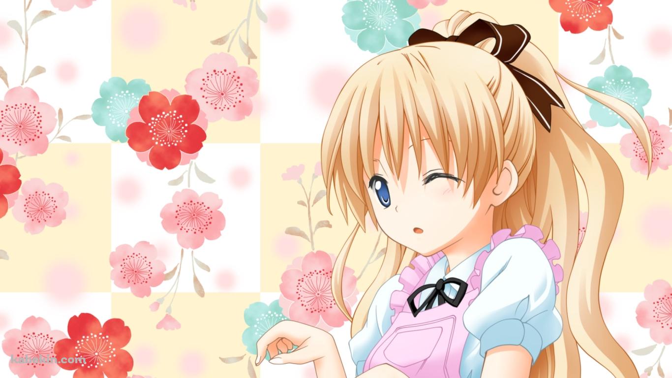 ピンクの花と梅ノ森千世 / 迷い猫オーバーラン!の壁紙(1366px x 768px) 高画質 PC・デスクトップ用