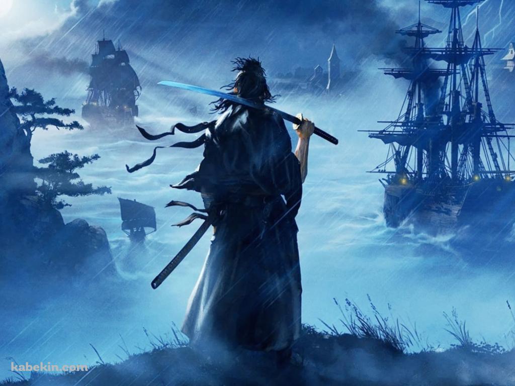 高台から帆船を眺める刀を持つ侍 / かっこいい / 武士の壁紙(1024px x 768px) 高画質 PC・デスクトップ用